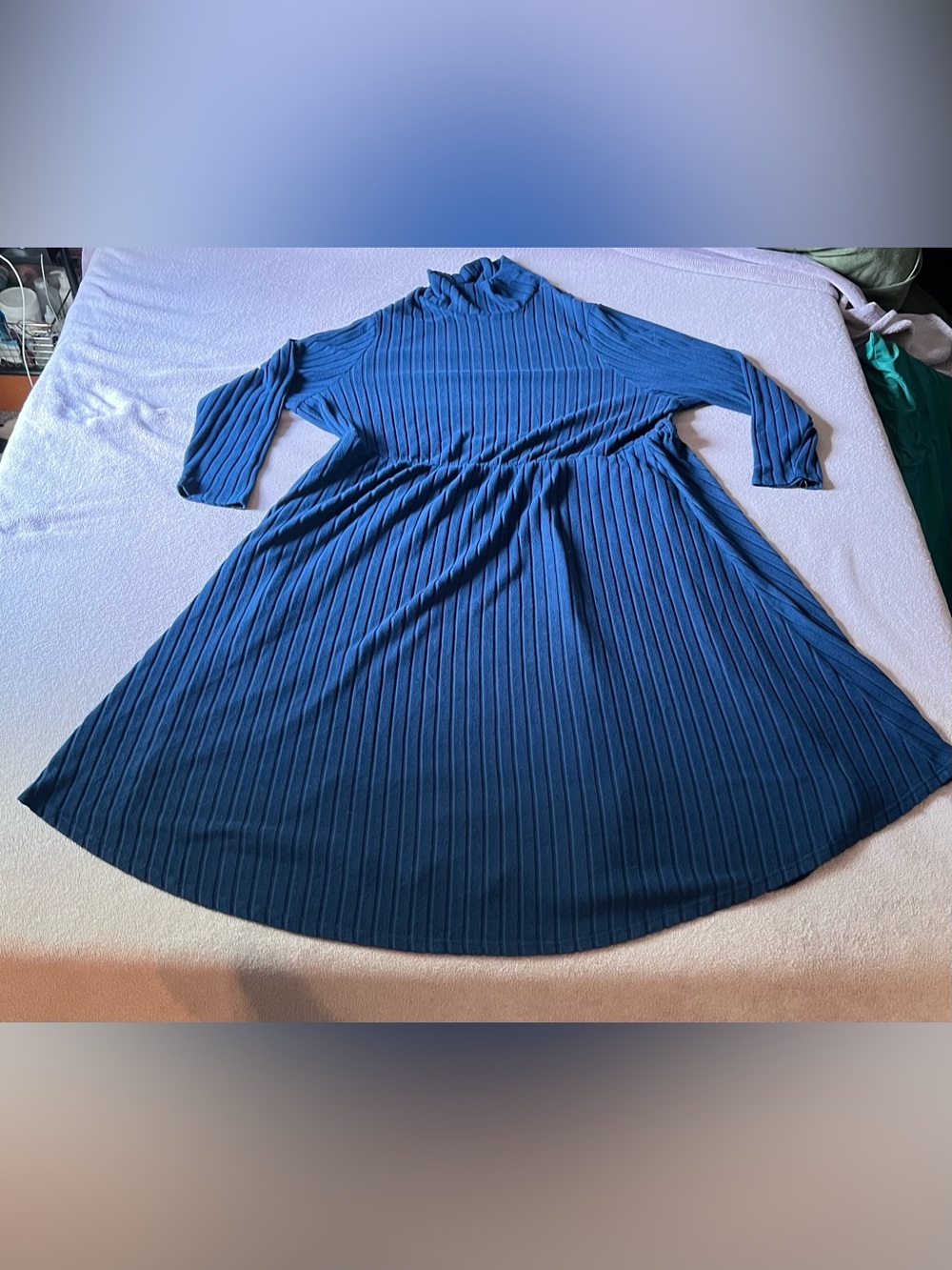 BloomChic Blue Ribbed Long-Sleeve Midi Dress with Turtleneck
